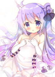 Rule 34 | 1girl, :o, azur lane, bare shoulders, black bow, black ribbon, blush, bow, collarbone, commentary request, dress, elbow gloves, gloves, hair between eyes, hair bun, hair ribbon, halterneck, long hair, looking at viewer, one side up, panties, parted lips, pinky out, purple eyes, purple hair, ribbon, rikatan, see-through, side bun, simple background, single hair bun, single side bun, solo, underwear, unicorn (azur lane), very long hair, white background, white dress, white gloves, white panties