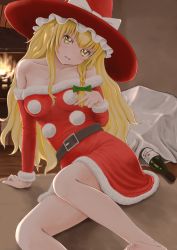 Rule 34 | 1girl, alcohol, alternate color, alternate costume, arm support, arm up, bag, bare legs, bare shoulders, barefoot, belt, blonde hair, blurry, bosutonii, bottle, braid, breasts, buckle, champagne, christmas, collarbone, commentary request, depth of field, detached sleeves, dress, feet out of frame, fireplace, fur-trimmed dress, fur-trimmed sleeves, fur trim, hair ribbon, hand in own hair, hat, head tilt, highres, indoors, kirisame marisa, long hair, medium breasts, on floor, parted lips, reclining, red hat, ribbon, rug, santa dress, single braid, sitting, solo, strapless, strapless dress, teeth, touhou, tress ribbon, upper teeth only, very long hair, witch hat, wooden floor, yellow eyes