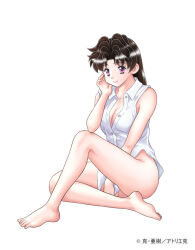 Rule 34 | 1girl, barefoot, black hair, bottomless, breasts, brown hair, cleavage, feet, full body, futari ecchi, katsu aki, large breasts, long hair, looking at viewer, makeup, medium breasts, onoda yura, open clothes, purple eyes, shirt, simple background, sitting, smile, solo, white background