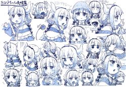 Rule 34 | 10s, 1girl, :x, blue theme, blush, candy, character sheet, child, closed eyes, crying, dragon girl, dragon horns, dragon tail, eating, expressions, food, highres, horns, kanna kamui, kobayashi-san chi no maidragon, lollipop, monochrome, multiple views, open mouth, pillow, pout, sad, sakino shingetsu, school uniform, sleeping, smile, sound effects, sparkle, surprised, sweatdrop, tail, translation request, wide-eyed