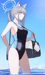 Rule 34 | 1girl, absurdres, animal ear fluff, animal ears, bag, blue archive, blue eyes, breasts, cat ears, competition swimsuit, covered navel, duffel bag, earrings, extra ears, gohan (gohanchang), grey hair, groin, halo, highres, jewelry, looking at viewer, medium breasts, medium hair, one-piece swimsuit, outdoors, parted lips, ponytail, shiroko (blue archive), shiroko (swimsuit) (blue archive), shoulder bag, sideboob, sideways glance, solo, standing, stud earrings, swimsuit, wading, water, wet