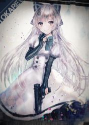 Rule 34 | 1girl, argyle, argyle background, argyle clothes, black bow, blue bow, bow, brooch, buttons, character name, closed mouth, commentary request, dated, dress, elbow gloves, girls&#039; frontline, gloves, gun, haduki tohru, hair bow, hand on own chest, handgun, highres, holding, holding gun, holding weapon, jewelry, juliet sleeves, long hair, long sleeves, looking at viewer, partially fingerless gloves, pistol, puffy sleeves, red eyes, short sleeves, signature, silver hair, smile, solo, striped clothes, striped gloves, tokarev (girls&#039; frontline), tokarev tt-33, trigger discipline, vertical-striped clothes, vertical-striped gloves, very long hair, weapon, white dress