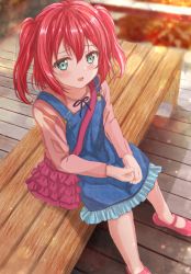 Rule 34 | 1girl, aqua eyes, artist name, artist request, bad id, bad pixiv id, bag, blue pants, blush, carrying, carrying bag, cowboy shot, day, female focus, fushimi asuha, green eyes, hair between eyes, handbag, highres, kurosawa ruby, looking at viewer, love live!, love live! sunshine!!, on chair, outdoors, own hands together, pants, parted lips, pink footwear, pink shirt, red hair, shirt, shoes, short hair, sitting, smile, solo