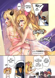 Rule 34 | 2boys, 5girls, animal ear fluff, animal ears, arknights, ass, bare shoulders, bird, bison (arknights), black hair, black shorts, black tank top, blonde hair, breasts, breath, brown hair, caught, cellphone, chibi, cow tail, croissant (arknights), crossdressing, dress, english text, exusiai (arknights), from behind, green shirt, green shorts, halo, heavy breathing, hm (hmongt), horns, long hair, looking back, medallion, mostima (arknights), multiple boys, multiple girls, no pants, open mouth, panties, penguin, phone, pink dress, pink eyes, pink shirt, ribbon, sexually suggestive, shirt, short dress, short hair, shorts, sideboob, small breasts, smartphone, sora (arknights), strap slip, sunglasses, sweat, tail, taking picture, tank top, texas (arknights), emperor (arknights), trap, twintails, underwear, upper body, walk-in, white dress, white panties, white shirt, wolf ears, wolf tail