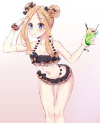 Rule 34 | 1girl, :o, abigail williams (emerald float) (fate), abigail williams (fate), absurdres, arm up, bad id, bad pixiv id, bent over, bikini, black bow, blonde hair, blue eyes, bow, breasts, collarbone, cup, double bun, drinking glass, fate/grand order, fate (series), food, frilled bikini, frills, gradient background, hair bow, hair bun, highres, holding, holding cup, ice cream, jjkl9195, multiple hair bows, navel, official alternate costume, open mouth, orange bow, parted bangs, pink background, polka dot, polka dot bow, scrunchie, short hair with long locks, sidelocks, small breasts, solo, spoon, standing, swimsuit, white background, wrist scrunchie