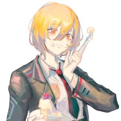 Rule 34 | 1girl, :3, black coat, blonde hair, cake, cherry, closed mouth, coat, collared shirt, don quixote (project moon), food, fork, fruit, highres, holding, holding fork, limbus company, liyln02617464, long sleeves, looking at viewer, necktie, project moon, red necktie, shirt, short hair, simple background, solo, upper body, white background, white shirt, wing collar, yellow eyes