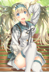 Rule 34 | 1girl, :o, backpack, bag, bench, blonde hair, blue eyes, blush, breasts, commentary request, dress, gambier bay (kancolle), hadron9, hairband, highres, kantai collection, large breasts, long hair, park bench, sailor dress, sitting, solo, thighhighs, twintails