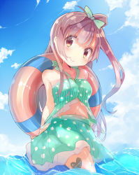 Rule 34 | 10s, 1girl, bad id, bad pixiv id, bare arms, bare shoulders, blue sky, brown eyes, brown hair, cloud, commentary request, cropped jacket, day, gradient background, innertube, long hair, looking at viewer, love live!, love live! school idol festival, love live! school idol project, midriff, minami kotori, navel, one side up, shirt, skirt, skirt set, sky, sleeveless, sleeveless shirt, smile, solo, swim ring, very long hair, water, yatani row