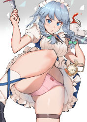 Rule 34 | 1girl, :o, arigiep, bad id, bad pixiv id, blue dress, blue eyes, bow, bow panties, braid, breasts, chain, cup, dress, gradient background, green bow, grey background, hair bow, highres, holding, holding knife, izayoi sakuya, knife, leg lift, looking at viewer, medium breasts, panties, pink panties, pocket watch, puffy short sleeves, puffy sleeves, short sleeves, silver hair, solo, teacup, teapot, thigh strap, touhou, tray, twin braids, underwear, upskirt, watch, white background