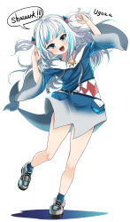 Rule 34 | 1girl, absurdres, blue hair, blue socks, blush, commentary request, english text, fins, fish tail, full body, gawr gura, gawr gura (1st costume), hey taisyou, highres, hololive, hololive english, hood, hood down, hoodie, leg up, long hair, looking at viewer, multicolored hair, shark tail, sharp teeth, simple background, socks, solo, tail, teeth, two side up, virtual youtuber, white background, white hair, wide sleeves
