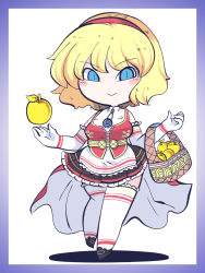 Rule 34 | 1girl, alice margatroid, apple, basket, black skirt, blonde hair, blue eyes, border, cape, chahan (fried rice0614), closed mouth, commission, cosplay, elbow gloves, food, fruit, full body, gloves, golden apple, hairband, highres, idunn (megami tensei), idunn (megami tensei) (cosplay), jewelry, looking at viewer, pendant, purple border, red hairband, shin megami tensei, shin megami tensei v, short hair, simple background, skeb commission, skirt, smile, solo, thighhighs, touhou, white background, white gloves, white thighhighs