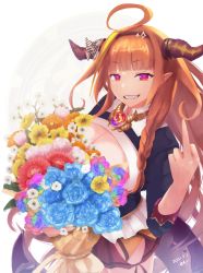 Rule 34 | 1girl, absurdres, ahoge, bouquet, bow, braid, brooch, commentary request, dated, dragon girl, dragon tail, flower, highres, holding, holding bouquet, hololive, horn bow, horn ornament, horns, huge filesize, jewelry, kiryu coco, kiryu coco (1st costume), long hair, middle finger, mottiie, orange hair, purple eyes, smile, solo, tail, teeth, virtual youtuber