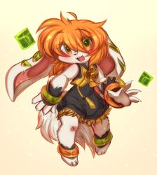 Rule 34 | 1girl, animal ears, barefoot, blush, bodysuit, bracelet, cube, detached sleeves, dog ears, dog tail, eyebrows hidden by hair, eyes visible through hair, freedom planet, freedom planet 2, furry, galaxytrail, green eyes, heavymetalpapi, highres, jewelry, long ears, looking at viewer, milla basset, nail, open mouth, orange hair, shorts, smile, standing, tail, very long ears, wide hips