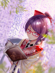 Rule 34 | 1girl, absurdres, blurry, blurry foreground, book, bow, closed mouth, dutch angle, flower, glasses, gloves, gundou mirei, gundou mirei (3rd costume), hair bow, high ponytail, highres, holding, nijisanji, open book, pink eyes, purple hair, rai (newtype xm-x1), reading, rectangular eyewear, red-framed eyewear, red bow, solo, upper body, virtual youtuber, white gloves, wisteria
