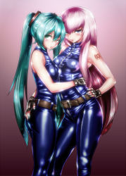 Rule 34 | 2girls, ass, ass grab, bad id, bad pixiv id, bare shoulders, belt, blue eyes, blush, bodysuit, company connection, cosplay, fingerless gloves, gloves, grabbing another&#039;s ass, gradient background, green eyes, green hair, groping, hand on another&#039;s ass, hand on another&#039;s thigh, hand on own hip, hatsune miku, hug, long hair, looking at viewer, megurine luka, multiple girls, nail polish, pink hair, saodake, sarah bryant, sarah bryant (cosplay), standing, tattoo, twintails, very long hair, virtua fighter, vocaloid, yuri, zipper