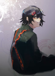 Rule 34 | 1boy, androgynous, black hair, black pants, from behind, gradient background, grey background, hair ornament, hairclip, highres, kyuuba melo, looking at viewer, looking back, male focus, pants, shirt, short hair, sitting, smile, solo, suspenders, suzuya juuzou, tokyo ghoul, tokyo ghoul:re, white background, x hair ornament