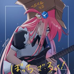 Rule 34 | 1girl, absurdres, apron, black dress, black lunette, blue background, blue eyes, bocchi the rock!, box, box on head, cardboard box, closed mouth, commentary, cube hair ornament, dress, english commentary, flat chest, gotoh hitori, guitar, hair ornament, highres, holding, holding guitar, holding instrument, instrument, leaning forward, long bangs, long hair, maid, music, one side up, pink hair, playing guitar, playing instrument, puffy short sleeves, puffy sleeves, short sleeves, sidelocks, solo, upper body, white apron, wrist cuffs