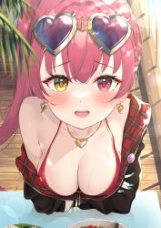 Rule 34 | 1girl, :o, absurdres, bikini, black jacket, blush, bottle, breasts, cleavage, earrings, eyewear on head, fingernails, from above, halterneck, heart, heart-shaped eyewear, heart earrings, heart necklace, heterochromia, highres, hololive, houshou marine, houshou marine (summer), jacket, jewelry, large breasts, long hair, looking at viewer, looking up, mugino0515, nail polish, necklace, official alternate costume, ponytail, red bikini, red eyes, red hair, red nails, solo, sunglasses, swimsuit, upper body, virtual youtuber, wooden floor, yellow eyes