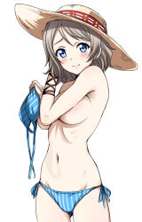 Rule 34 | 10s, 1girl, bikini, blue bikini, blue eyes, blush, breasts, cameltoe, covering breasts, covering privates, cowboy shot, hat, highres, large breasts, light brown hair, looking at viewer, love live!, love live! sunshine!!, navel, ribs, sankuro (agoitei), short hair, side-tie bikini bottom, simple background, smile, solo, stomach, striped bikini, striped clothes, sun hat, swimsuit, topless, underboob, unworn bikini top, vertical-striped bikini, vertical-striped clothes, watanabe you, white background