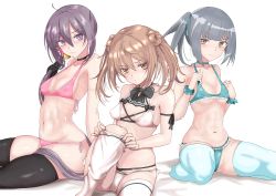 Rule 34 | 3girls, absurdres, akebono (kancolle), aqua bikini, aqua choker, aqua thighhighs, bell, bikini, black bow, black bowtie, black choker, black thighhighs, bow, bowtie, breasts, brown eyes, choker, double bun, flower, grey hair, hair bell, hair bun, hair flower, hair ornament, highres, jingle bell, kantai collection, kasumi (kancolle), ken (shutenndouji1), light brown hair, long hair, looking at viewer, michishio (kancolle), multiple girls, pink bikini, purple eyes, purple hair, short twintails, side ponytail, simple background, sitting, small breasts, swimsuit, thighhighs, trait connection, twintails, very long hair, wariza, white background, white bikini, white thighhighs