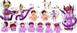 Rule 34 | 1boy, 1girl, blonde hair, breast expansion, breasts, colored skin, demon girl, fang, fumifumi, gender transformation, highres, horns, nipples, purple skin, red eyes, red hair, tail, tongue, tongue out, transformation, veins, visor, yellow eyes