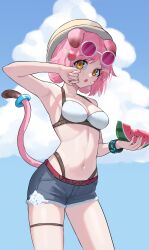 Rule 34 | 1girl, :o, absurdres, animal ears, arknights, armpits, bare arms, bare shoulders, bikini, blue sky, breasts, cat ears, cat tail, cleavage, cloud, commentary request, cowboy shot, day, denim, denim shorts, eyewear on head, food, fruit, goldenglow (arknights), hat, highres, holding, holding food, holding fruit, looking at viewer, medium breasts, navel, open mouth, orange eyes, pink hair, short hair, short shorts, shortofsugar, shorts, sky, solo, standing, stomach, sunglasses, swimsuit, tail, thigh strap, thighs, watermark, white bikini