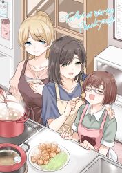 Rule 34 | 3girls, absurdres, apron, black hair, blonde hair, blue eyes, brown hair, closed eyes, commission, cooking, female focus, food, glasses, green eyes, highres, jewelry, kitchen, miso soup, mother and daughter, multiple girls, original, ring, skeb commission, takeshisu, wedding ring, wife and wife, yuri
