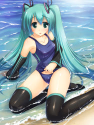 Rule 34 | 1girl, aqua eyes, aqua hair, beach, blush, collarbone, day, detached sleeves, hatsune miku, highres, long hair, massan, one-piece swimsuit, open mouth, outdoors, school swimsuit, school swimsuit flap, shiny clothes, sitting, solo, submerged, swimsuit, thighhighs, twintails, very long hair, vocaloid, water, wet, yokozuwari