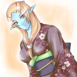 Rule 34 | 1girl, blonde hair, blue skin, colored skin, elf, front ponytail, japanese clothes, kimono, lowres, microspace, midna, midna (true), nintendo, pointy ears, solo, spoilers, the legend of zelda, the legend of zelda: twilight princess, yellow eyes
