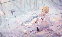 Rule 34 | 1girl, absurdres, armor, bare shoulders, blonde hair, boots, brown eyes, cat, detached sleeves, dress, flower, genshin impact, highres, legs up, long hair, looking to the side, lumine (genshin impact), reflection, reflective water, scarf, sitting, solo, swept bangs, thighs, water, white dress, white footwear, white scarf, yajuu