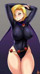 Rule 34 | 1girl, android 18, arms behind head, belt, black leotard, blonde hair, blue eyes, blush, breasts, cape, cosplay, covered erect nipples, covered navel, curvy, dc comics, dragon ball, dragonball z, earrings, grey background, highres, impossible clothes, impossible leotard, jewelry, jmg, large breasts, leotard, loose belt, medium hair, purple cape, raven (dc) (cosplay), shiny skin, signature, skin tight, solo, standing, teen titans, toned