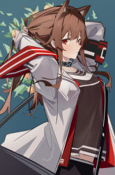 Rule 34 | 1girl, :t, absurdres, angelina (arknights), animal ears, arknights, arms behind head, arms up, black shirt, brown hair, chichi guai, closed mouth, commentary request, fox ears, fox girl, hairband, highres, infection monitor (arknights), jacket, long hair, long sleeves, looking at viewer, open clothes, open jacket, red eyes, shirt, sideways glance, solo, tying hair, unworn hairband, upper body, white jacket