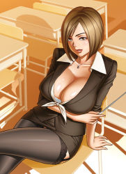 Rule 34 | 1girl, arm support, black jacket, black skirt, black thighhighs, bob cut, breasts, brown hair, chair, classroom, cleavage, collared shirt, cover, cover page, crossed legs, curvy, desk, formal, garter belt, garter straps, huge breasts, indoors, jacket, jewelry, looking at viewer, lowres, miniskirt, nagumo kyouko, novel, on desk, parted lips, pencil skirt, pendant, school, school chair, school desk, shiny skin, shirt, short hair, sitting, skirt, skirt suit, sleeves rolled up, solo, suit, tatsunami youtoku, teacher, thighhighs, yuuwaku no onna kyoushi