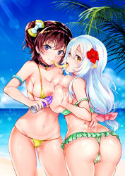 Rule 34 | 2girls, armlet, ass, beach, bikini, blue eyes, blush, breast press, breasts, breasts out, brown hair, cameltoe, choker, cleavage, condom, contrapposto, cowboy shot, day, earrings, fingernails, flower, frilled bikini, frills, from behind, gluteal fold, green bikini, hair flower, hair ornament, highres, hug, jewelry, large breasts, long hair, looking at viewer, looking back, lotion, maumen, micro bikini, mouth hold, multiple girls, navel, nipples, official art, one side up, original, palm tree, pussy juice, sand, short hair, smile, standing, strap slip, swimsuit, symmetrical docking, thong bikini, tree, waist hug, water, white hair, yellow bikini, yellow eyes