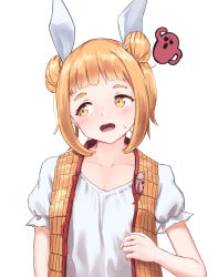 Rule 34 | 1girl, blonde hair, blush, collarbone, commentary request, double bun, hair bun, hair ribbon, haniwa (statue), joutouguu mayumi, looking to the side, open mouth, partial commentary, puffy short sleeves, puffy sleeves, ribbon, roke (taikodon), shirt, short hair, short sleeves, sidelocks, simple background, solo, touhou, upper body, vest, white background, white ribbon, white shirt, yellow eyes, yellow vest