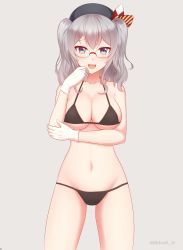 Rule 34 | 10s, 1girl, artist name, bad id, bad pixiv id, beret, bikini, black bikini, breast hold, breasts, collarbone, cowboy shot, female focus, glasses, grey background, grey eyes, hand to own mouth, hat, highres, kantai collection, kashima (kancolle), large breasts, looking at viewer, mikhail n, navel, open mouth, silver hair, simple background, smile, solo, swimsuit, tsurime, two side up