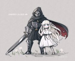 Rule 34 | 1boy, 1girl, armor, black cloak, blue eyes, blush, cloak, commentary request, dress, ender lilies quietus of the knights, expressionless, full armor, full body, highres, holding, holding sword, holding weapon, hood, hood up, hooded cloak, jewelry, lily (ender lilies), long hair, looking at viewer, necklace, omochi anko3, parted lips, pendant, sketch, sword, umbral knight (ender lilies), weapon, white dress, white hair