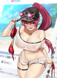 Rule 34 | 1girl, absurdres, altronage, bare shoulders, baseball cap, bikini, blush, breasts, commentary request, commission, cowboy shot, earrings, eyewear on head, fangs, hat, heart, heart-shaped eyewear, heart earrings, heterochromia, highres, holding, holding clothes, holding swimsuit, hololive, houshou marine, houshou marine (summer), jewelry, large breasts, long hair, navel, nipples, no bra, no panties, off-shoulder shirt, off shoulder, open mouth, ponytail, red eyes, red hair, revealing clothes, see-through, shirt, smile, solo, swimsuit, thighlet, unworn bikini, unworn bikini bottom, unworn bikini top, virtual youtuber, yellow eyes