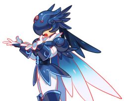 Rule 34 | 1other, armor, azure songbird, commentary, constellor, covered eyes, from side, gloves, helmet, highres, open mouth, original, other focus, pants, solo, white gloves, white pants, winged helmet, wings