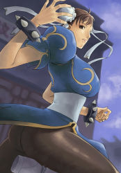 Rule 34 | 1girl, ass, bracelet, breasts, brown eyes, brown hair, capcom, china dress, chinese clothes, chun-li, dress, eyeshadow, jewelry, large breasts, makeup, pantyhose, sash, solo, spiked bracelet, spikes, street fighter