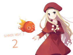 Rule 34 | 1girl, belfraw martini, beret, black eyes, blonde hair, capelet, dress, hat, long hair, oxo, red dress, simple background, summon night, summon night 3, white background