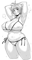 Rule 34 | 1girl, armpits, arms behind head, arms up, bad id, bad tumblr id, belly, bikini, blush, breasts, cameltoe, cleavage, covered erect nipples, curvy, earrings, female focus, greyscale, grin, huge breasts, jewelry, looking at viewer, monochrome, navel, plump, raised eyebrows, short hair, side-tie bikini bottom, simple background, skindentation, smile, solo, steaming body, stuffed toy, sweat, swimsuit, synecdoche, thick arms, thick thighs, thighs, underboob, white background, wide hips