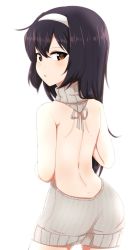 Rule 34 | 10s, 1girl, aran sweater, backless dress, backless outfit, bare back, bare shoulders, black hair, brown eyes, cable knit, chawan (yultutari), commentary request, cowboy shot, drawstring, dress, from behind, girls und panzer, hairband, halterneck, highres, long hair, looking at viewer, looking back, meme attire, parted lips, reizei mako, ribbed sweater, simple background, solo, standing, sweater, sweater dress, turtleneck, turtleneck sweater, virgin killer sweater, white background, white hairband
