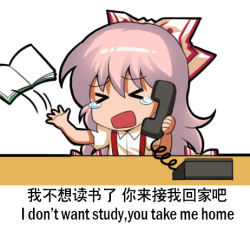 Rule 34 | &gt; &lt;, 1girl, bilingual, book, chibi, chinese commentary, chinese text, commentary request, english text, engrish text, fujiwara no mokou, hair between eyes, hair ribbon, jokanhiyou, long hair, lowres, mixed-language text, motion lines, open mouth, phone, pink hair, ranguage, ribbon, shirt, short sleeves, simple background, solo, suspenders, talking on phone, tearing up, throwing, touhou, translated, tress ribbon, upper body, very long hair, white background, white shirt, wing collar