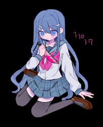 Rule 34 | 1girl, black sailor collar, black thighhighs, blue eyes, blue hair, bow, bowtie, brown footwear, closed mouth, danganronpa: trigger happy havoc, danganronpa (series), dated, hair ornament, hairclip, highres, holding, holding knife, knife, long hair, long sleeves, maizono sayaka, miniskirt, pink bow, pink bowtie, plaid, plaid skirt, pleated skirt, sailor collar, simple background, skirt, smile, solo, thighhighs, u u (16557)