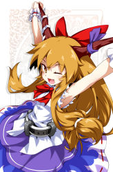 Rule 34 | 1girl, ;d, armpits, arms up, bow, brown hair, fang, female focus, hair bow, hong (white spider), horns, ibuki suika, long hair, one eye closed, open mouth, skirt, smile, solo, touhou, wink, wrist cuffs, yellow eyes