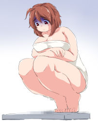 Rule 34 | 1girl, ahoge, breasts, brown hair, censored, eno konoe, eyebrows, gradient background, large breasts, mikomu, mosaic censoring, naked towel, original, plump, red eyes, short hair, simple background, solo, squatting, thick eyebrows, tiptoes, towel, turn pale, weighing scale, weight conscious