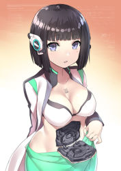 Rule 34 | 1girl, android, black hair, blunt bangs, body (bacoborn), breasts, brown background, cleavage, collarbone, commentary request, gradient background, green skirt, groin, headgear, highres, izu (kamen rider 01), jacket, kamen rider, kamen rider 01 (series), large breasts, long sleeves, looking at viewer, mechanical parts, open clothes, open jacket, parted lips, purple eyes, short hair, skirt, solo, white background, white jacket