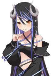 Rule 34 | 1girl, bandeau, belt, black bandeau, black belt, black hair, black jacket, black skirt, blaujp, blue belt, blue hair, blush, breasts, brown eyes, chest belt, cleavage, closed mouth, collarbone, commentary, curled horns, demon girl, demon horns, grey horns, hair between eyes, hebiyoi tier, hebiyoi tier (1st costume), highres, horns, jacket, long hair, long sleeves, looking at viewer, medium breasts, multicolored hair, nanashi inc., off shoulder, open clothes, open jacket, pointy ears, sidelocks, simple background, skirt, smile, solo, split mouth, two-tone hair, upper body, virtual youtuber, white background