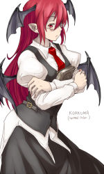 Rule 34 | 1girl, bat wings, belt, bespectacled, book, demon wings, female focus, glasses, head wings, koakuma, long hair, long sleeves, necktie, oso (toolate), pointy ears, puffy sleeves, red eyes, red hair, red necktie, shirt, simple background, solo, touhou, untucked shirt, white background, wings